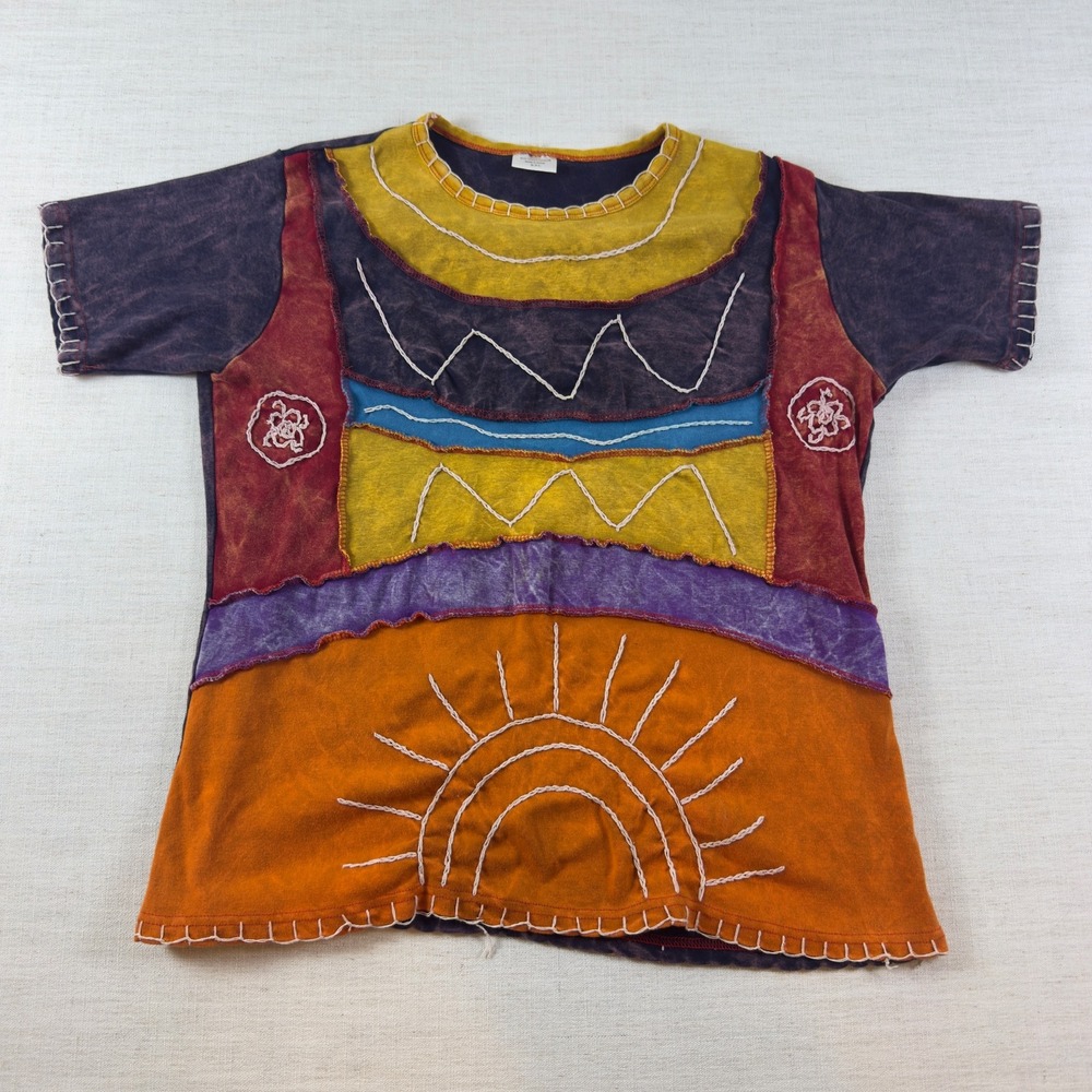 GreaterGood Patchwork Sun Embroidery Boho T-Shirt XXL Nepal Cotton Multi-Color